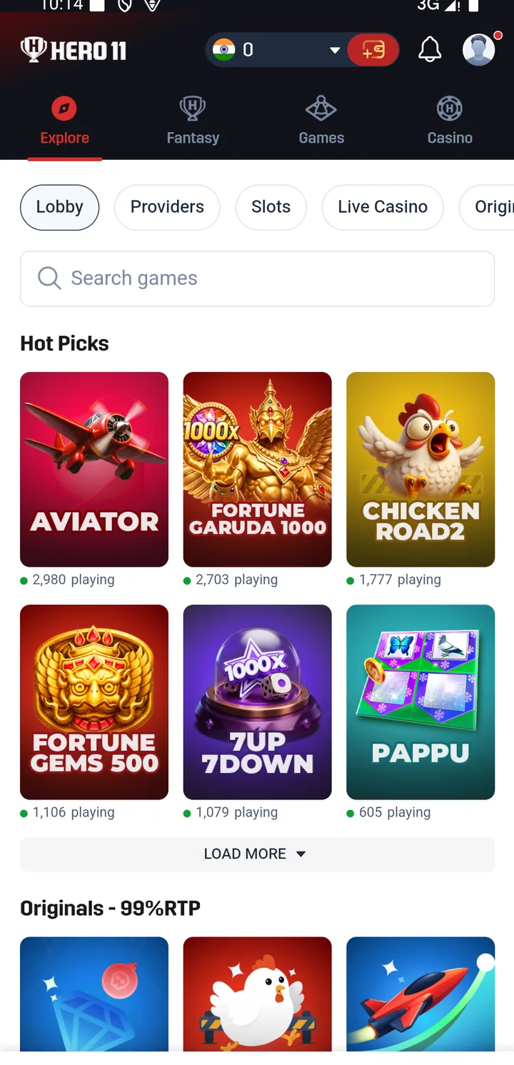 Hero11 home Explore screen with Casino, Fantasy, Rummy and Sports in the top menu
