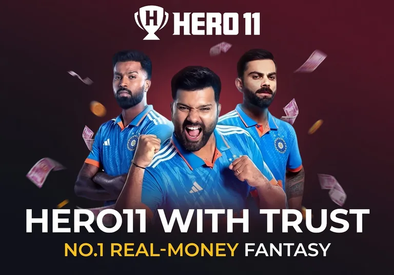 Hero11 Sports promotional artwork with cricket players